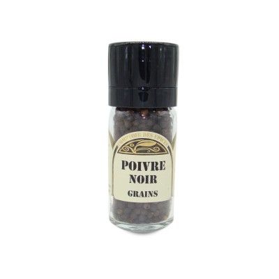 Cpt des Epices - Moulin poivres noir Grains - 45Gr This black pepper with dense berries develops warm, woody and lemony aromas. 